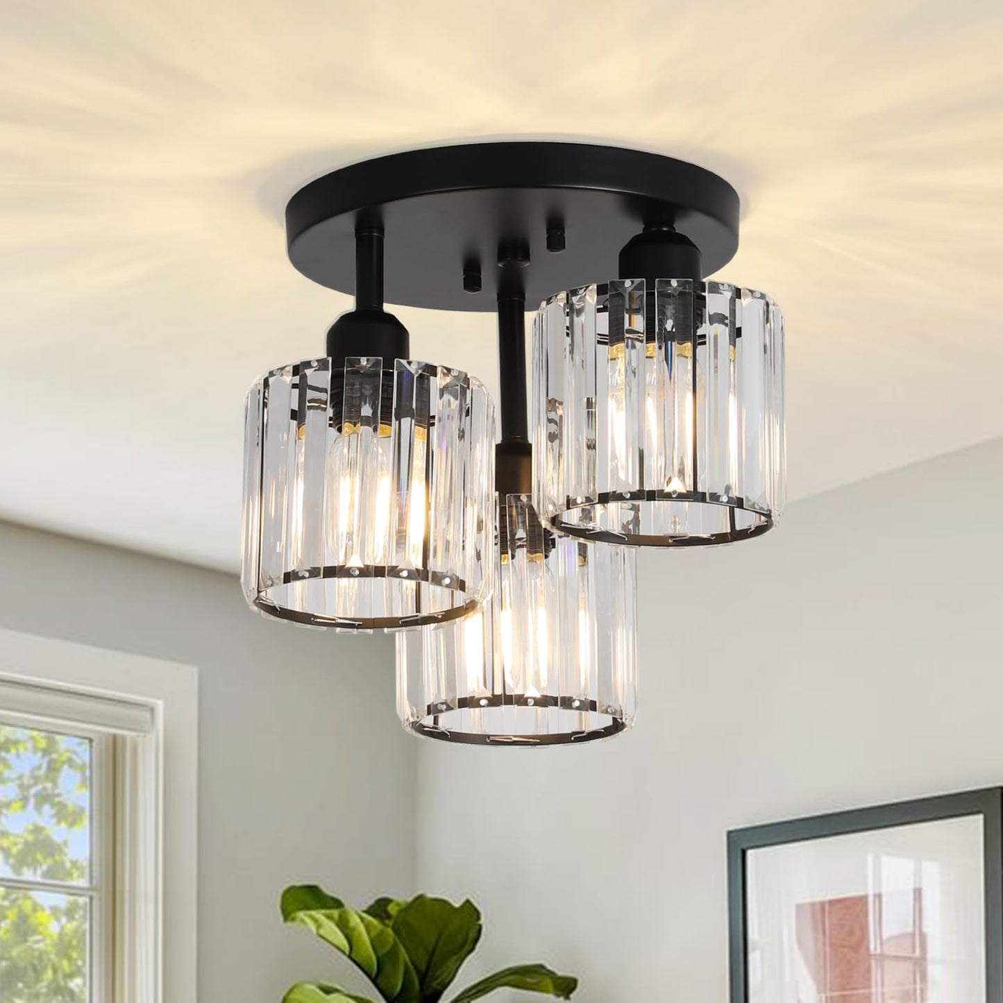 Crystal Semi Flush Ceiling Light – Modern Black Fixture, Clear Shade