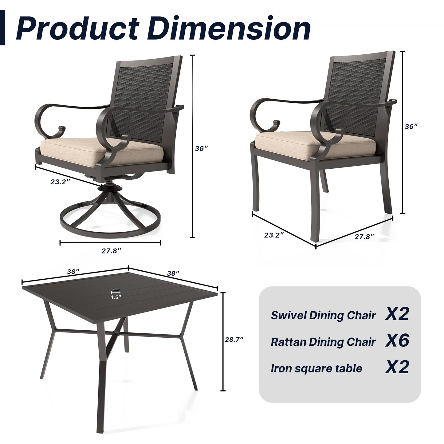 15 Pieces Patio Dining Set Outdoor Rattan Furniture Dinning Set with 3 Square Glass Tabletops 12 Chairs with Navy Blue Cushions for Patio, Backyard Outdoor Kitchen Lawn & Garden