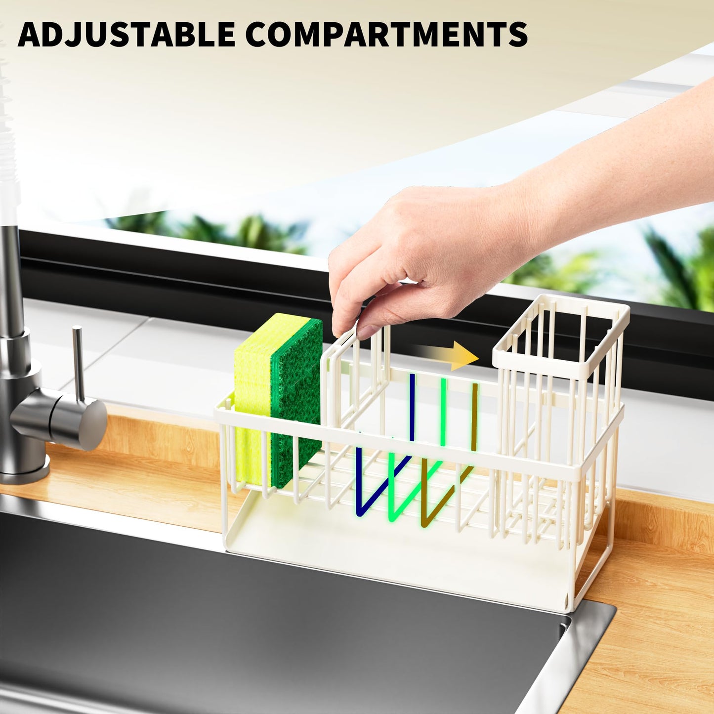Kitchen Sink Caddy Organzier with High Brush Holder, Sponge Holder for Sink, 304 Rustproof Stainless, Kitchen Countertop Soap Dispenser Organizer, Kitchen Decor and Accessories