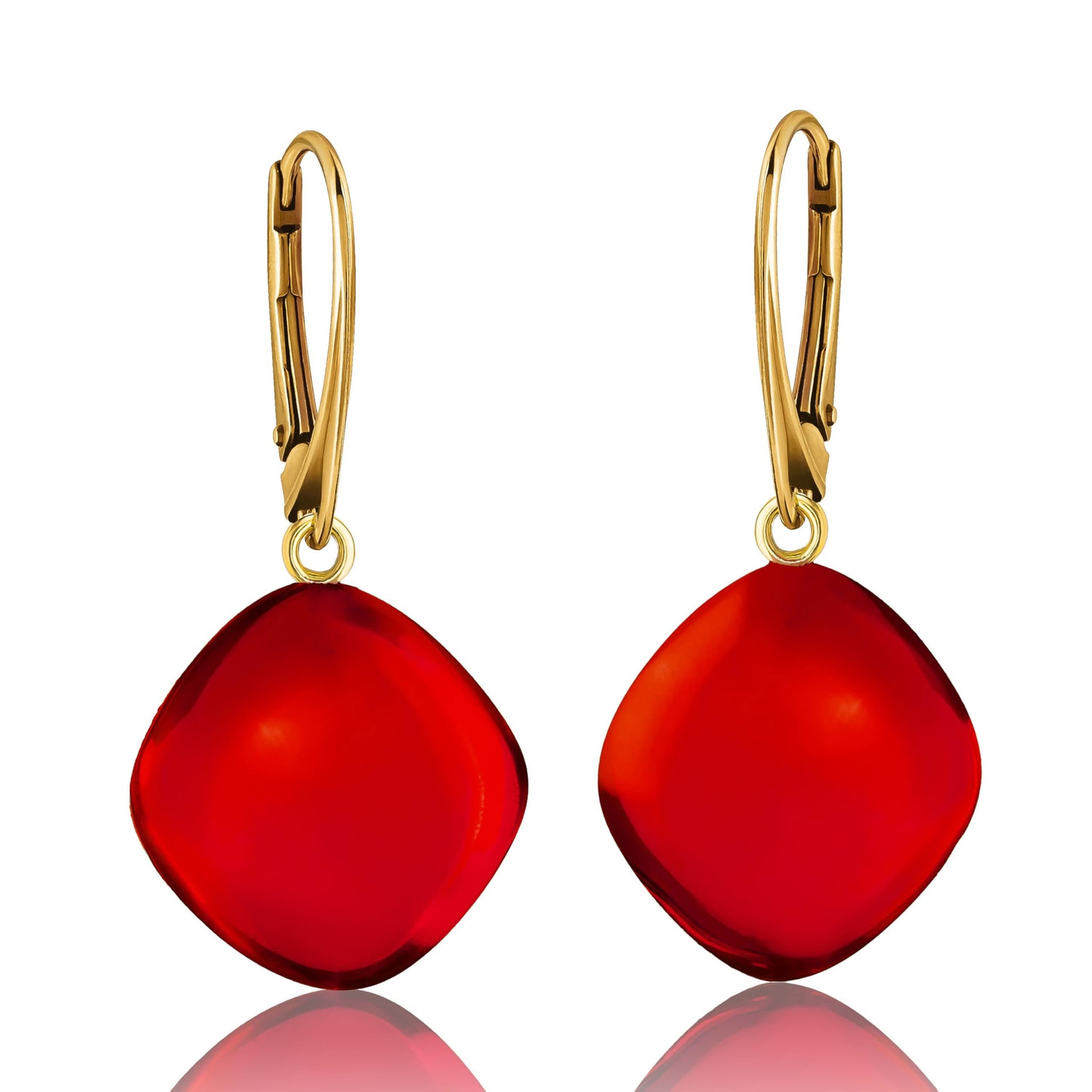 Red Earrings for Women - Gold Plated Silver Leaf Fitting and Closure, Lightweight Edgy Semi-Precious Stone Jewelry for Ladies, Garnet Red Amber Crystal Earrings