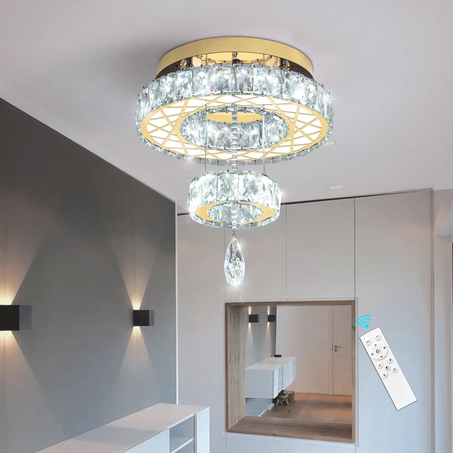 Modern Flush Ceiling Chandelier Bedroom Light Fixtures Crystal Flat Sloping Ceiling Lights for Hallway Kitchen Dining Room Dimmable Light with Remote Gold