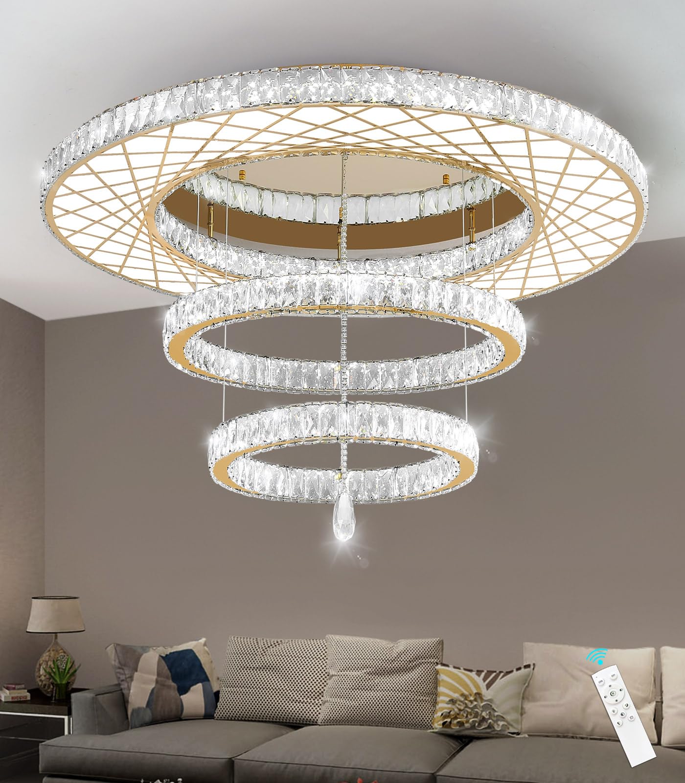 Modern Flush Ceiling Chandelier Bedroom Light Fixtures Crystal Flat Sloping Ceiling Lights for Hallway Kitchen Dining Room Dimmable Light with Remote Gold