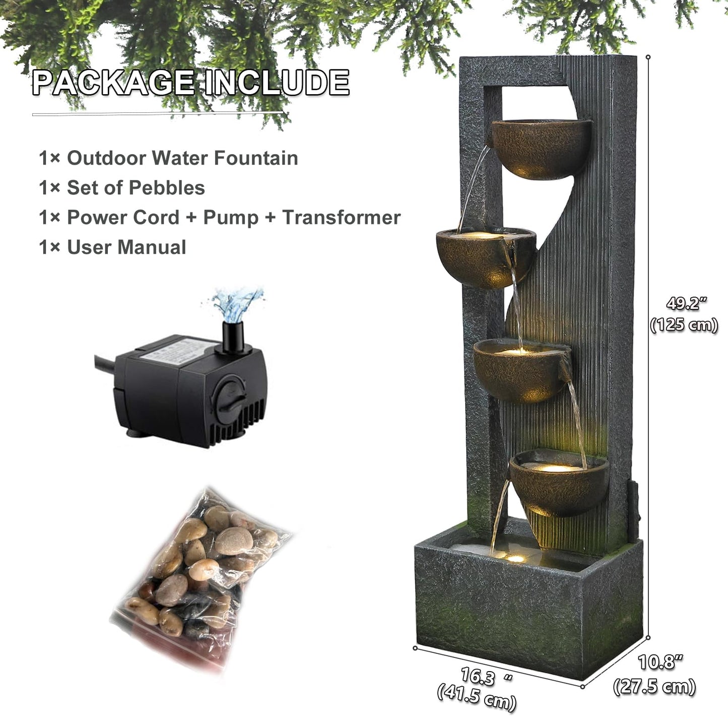 Outdoor Water Fountain Circular Elegance Waterfalls Fountain Indoor Floor Standing Water Fountains with LED Lights, Pump for Garden, Living Room, Patio, 38 inches Height