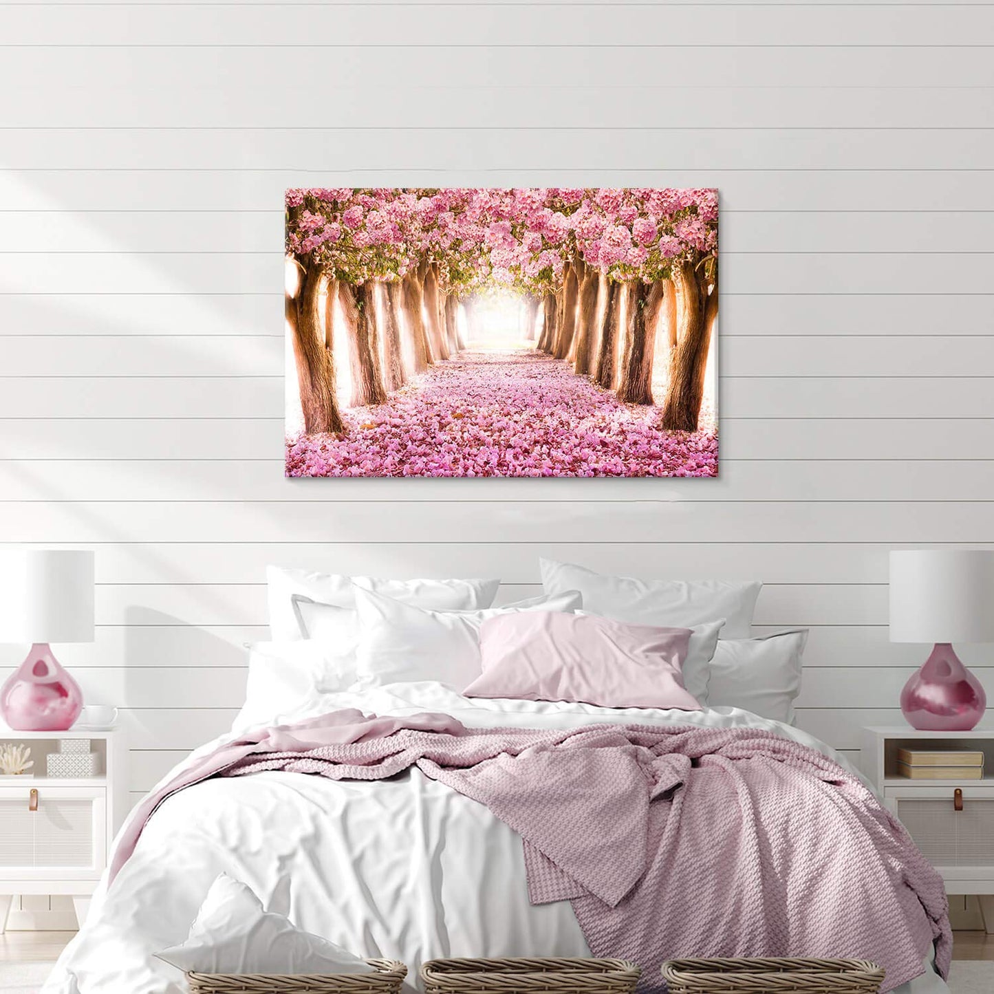 UTOP-art Pink Flower Picture Wall Art: Forest Tree Path Artwork Landscape Painting on Wrapped Canvas for Living Room (36'' x 24'' x 1 Panel)