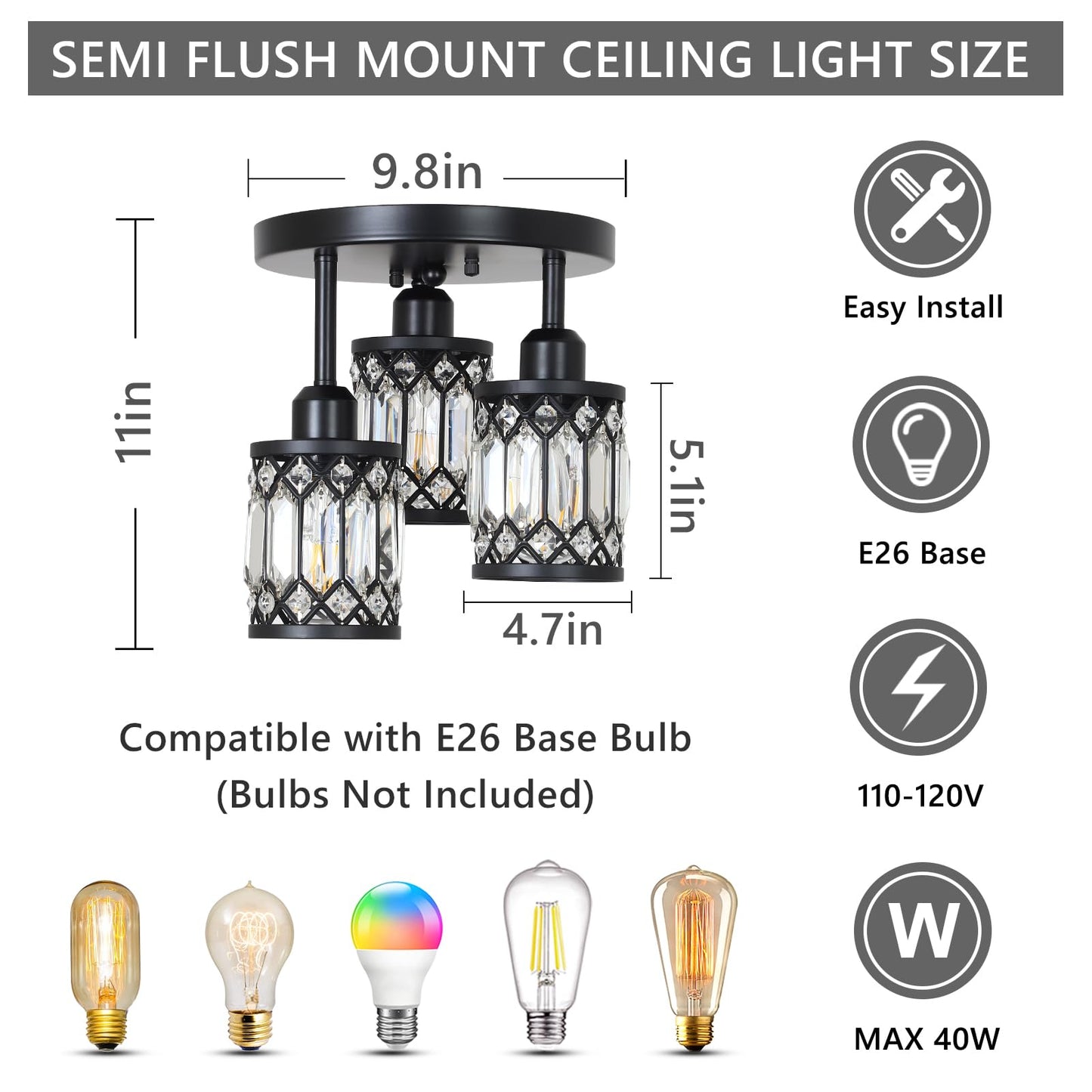 Crystal Semi Flush Ceiling Light – Modern Black Fixture, Clear Shade