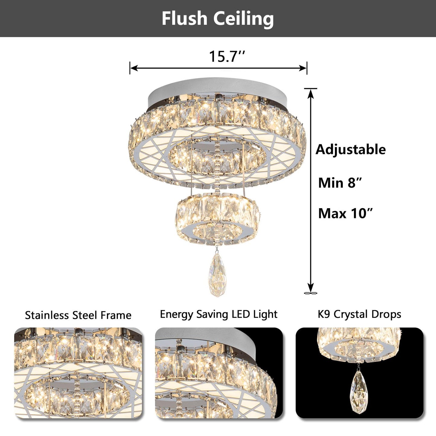 Modern Flush Ceiling Chandelier Bedroom Light Fixtures Crystal Flat Sloping Ceiling Lights for Hallway Kitchen Dining Room Dimmable Light with Remote Gold