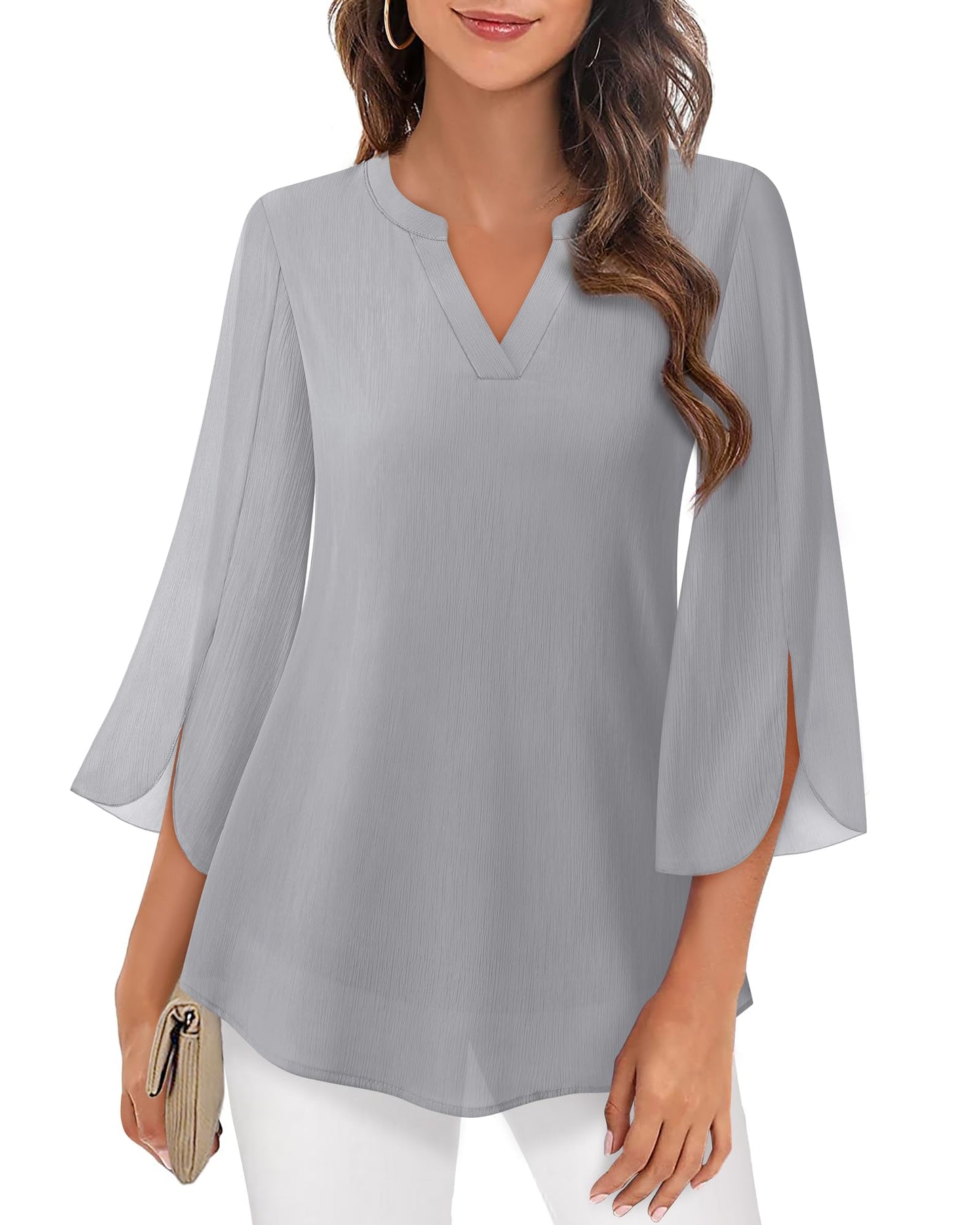 Timeson Women's 3/4 Sleeve Chiffon Blouse Shirt V Neck Dressy Tunic Tops