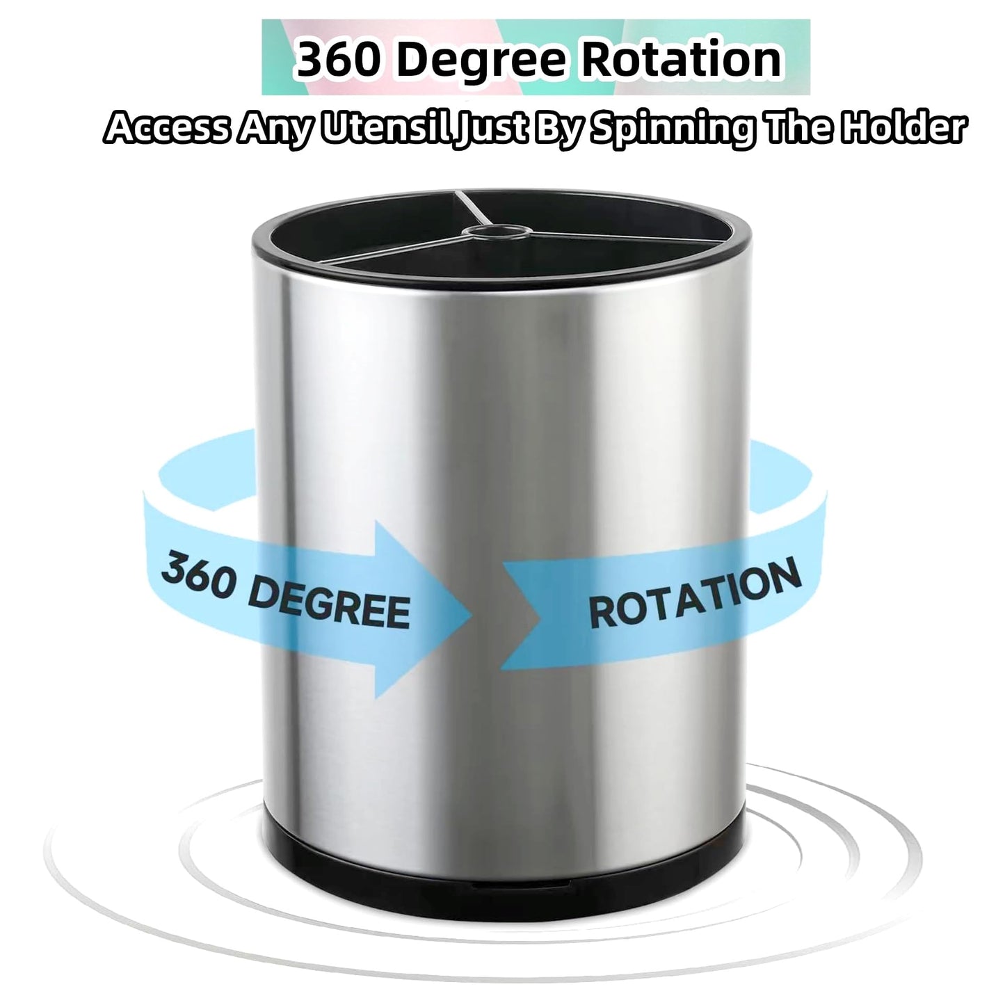 Utensilienhalter für die Küche, extra groß, 360° drehbar, für Theken-Organizer, Edelstahl-Aufbewahrung, Koch- und Besteckbehälter mit 3 Fächern, Besteckbehälter für Löffel, Spatel, Werkzeug (grau) 