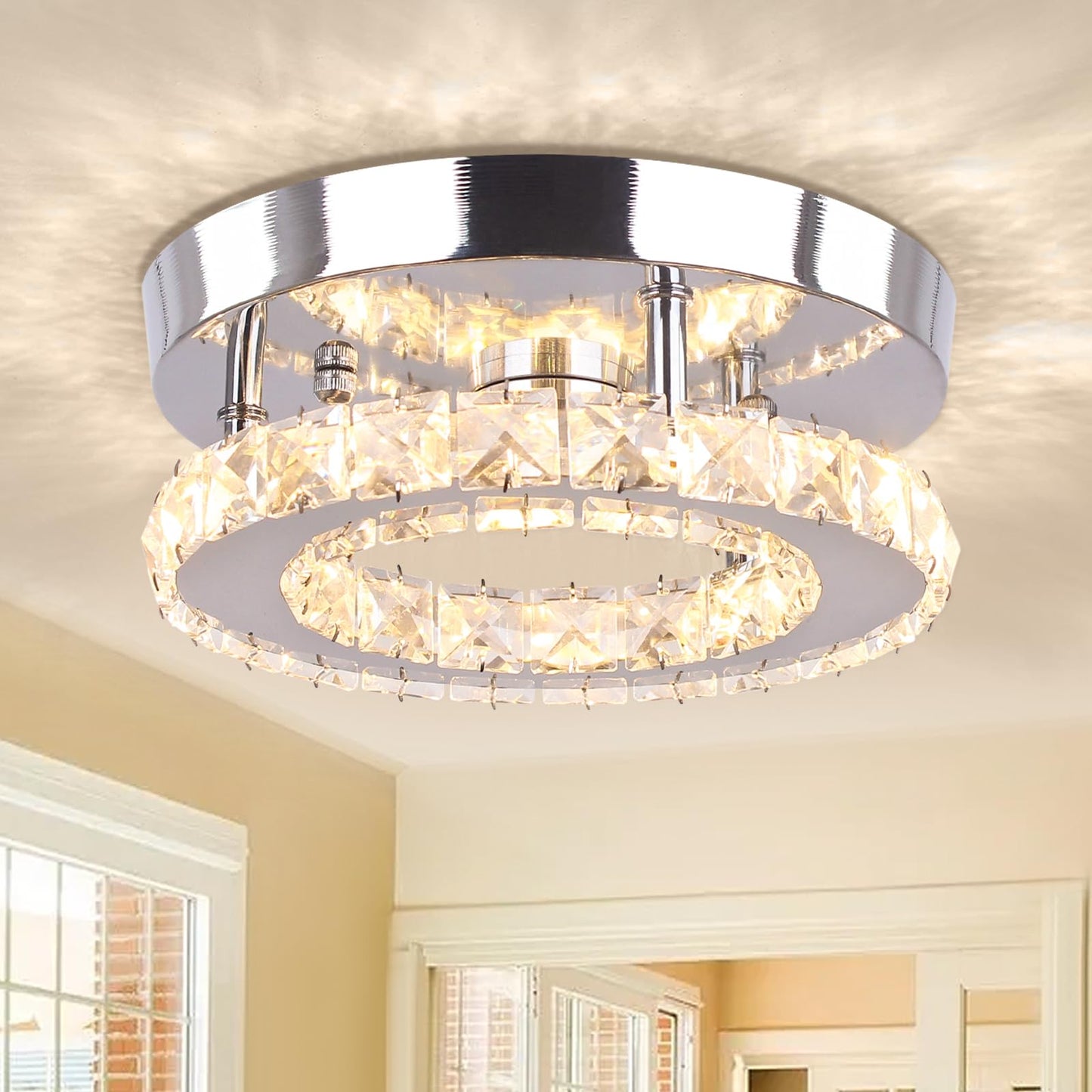 Dimmable Mini Crystal Chandeliers Modern Flush Mount Ceiling Light Fixture Round LED Crystal Chandelier Hallway Light Bedroom Bathroom Kitchen Office