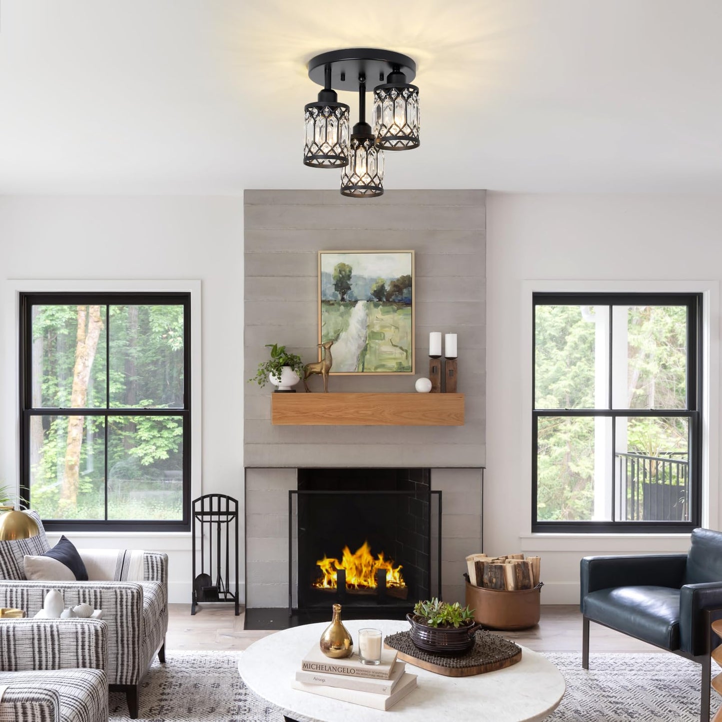 3-Light Crystal Semi Flush Mount Ceiling Light | Black Modern Fixture for Kitchen, Hallway & Bedroom