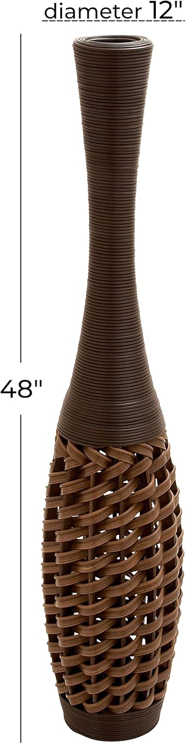 Deco 79 Faux Seagrass Decorative Vase Tall Woven Floor Centerpiece Vase with Dark Brown Wrapped Neck, Vase for Home Decoration 12" x 12" x 48", Brown