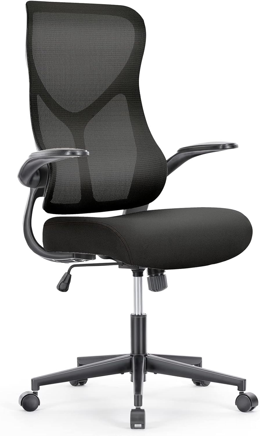 Chaise de bureau ergonomique en maille, chaise de bureau à dossier haut avec appui-tête 2D, support lombaire haut et bas, chaise de travail d'ordinateur pivotante avec accoudoirs rabattables réglables, noir 