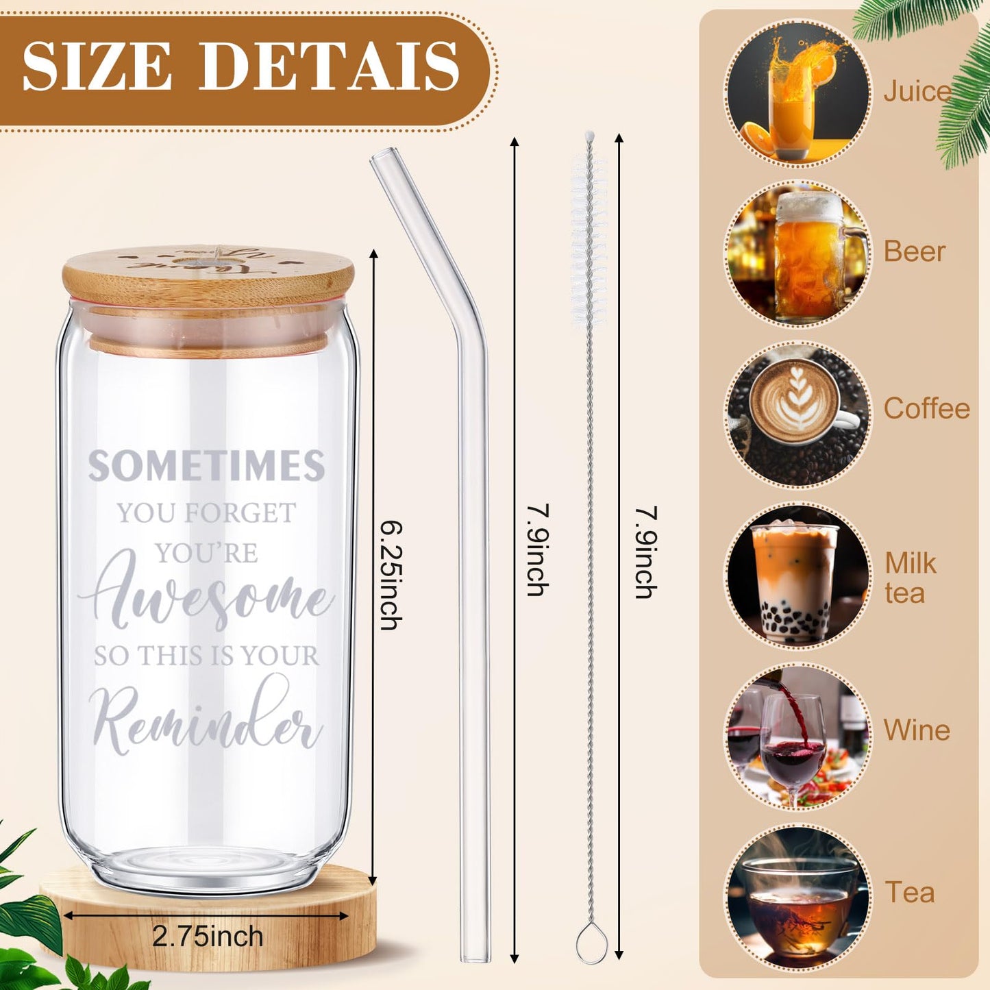 Tioncy 8 Pcs Team Gifts for Employees Thank You Gifts Teacher Staff Appreciation Gifts 16oz Can Shaped Beer Glass with Bamboo Lids Straws Brushes Drinking Glass Cups for Women Men Coworkers Member