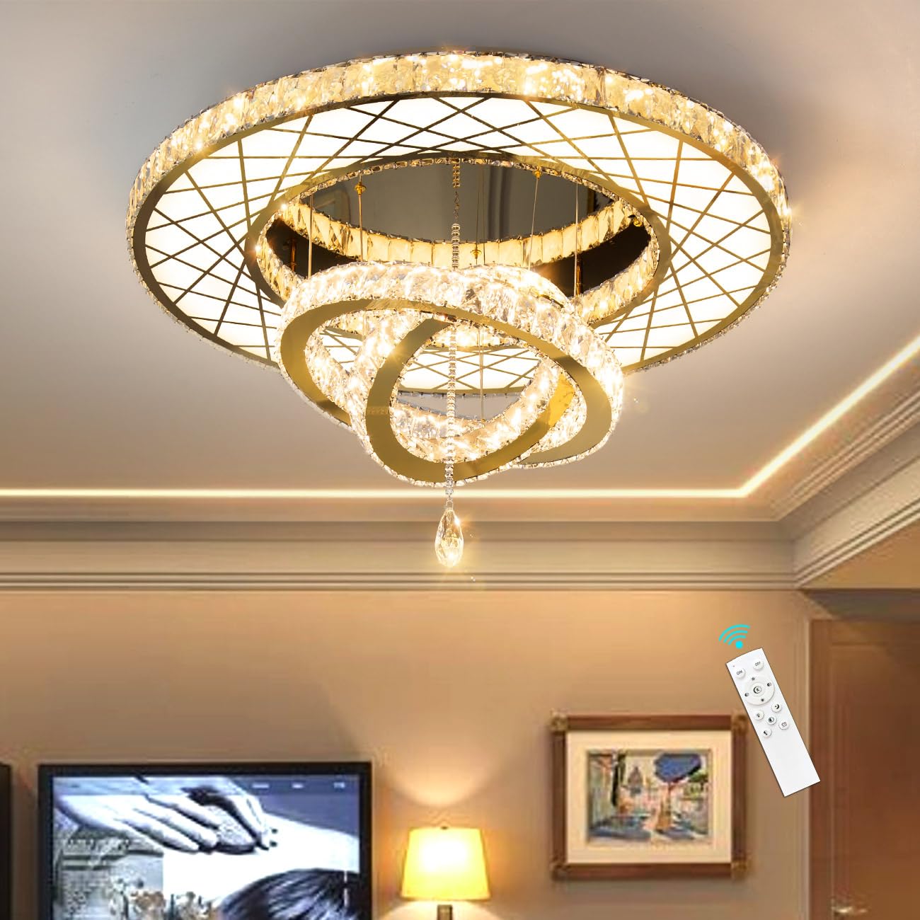 Modern Flush Ceiling Chandelier Bedroom Light Fixtures Crystal Flat Sloping Ceiling Lights for Hallway Kitchen Dining Room Dimmable Light with Remote Gold