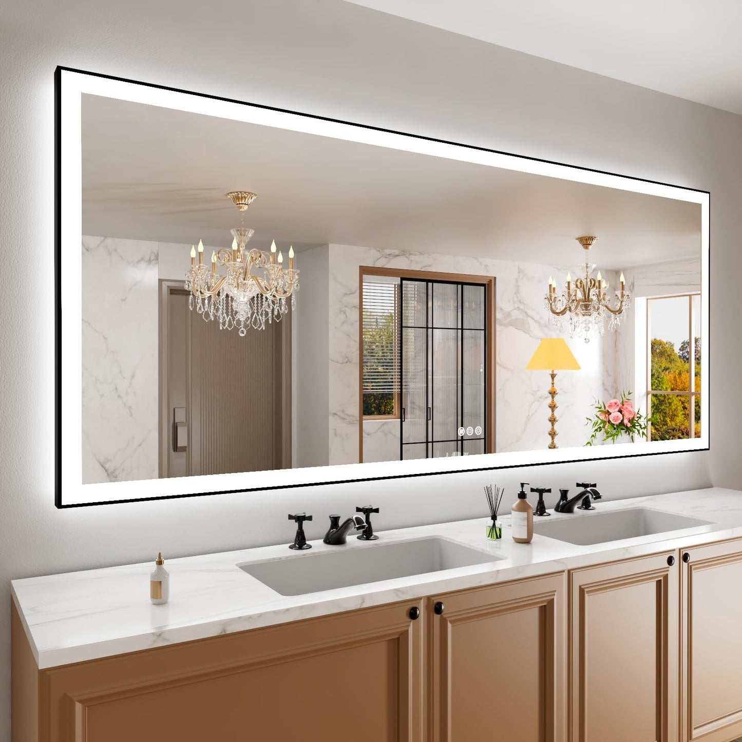 Amorho 20"x 28" LED Bathroom Mirror with Black Frame, Front Light and Backlit(Controlled Separately), Stepless Dimmable, Anti-Fog, Shatter-Proof, 3 Colors, Memory