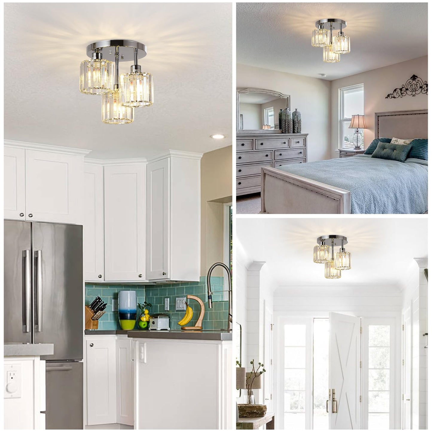 Crystal Semi Flush Ceiling Light – Modern Black Fixture, Clear Shade