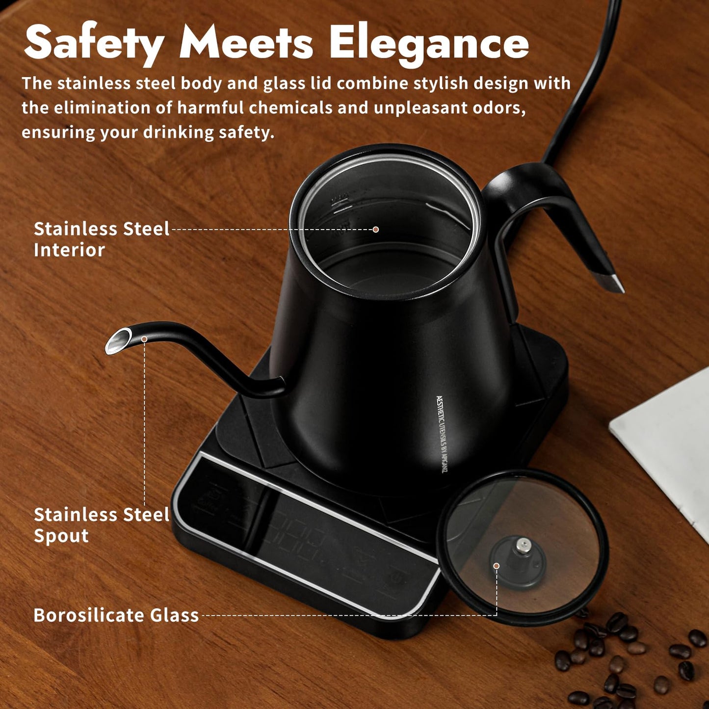 27oz Gooseneck Electric Kettle with ±1℉ Temperature Control, Pour Over Kettle for Coffee and Tea, Stainless Steel Hot Water Boiler, 1200W/0.8L (Black)