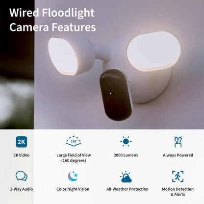 Wired Floodlight Security Camera with 2K HDR Video, 2000 Lumens, Color Night Vision & 2-Way Audio – Weather-Resistant