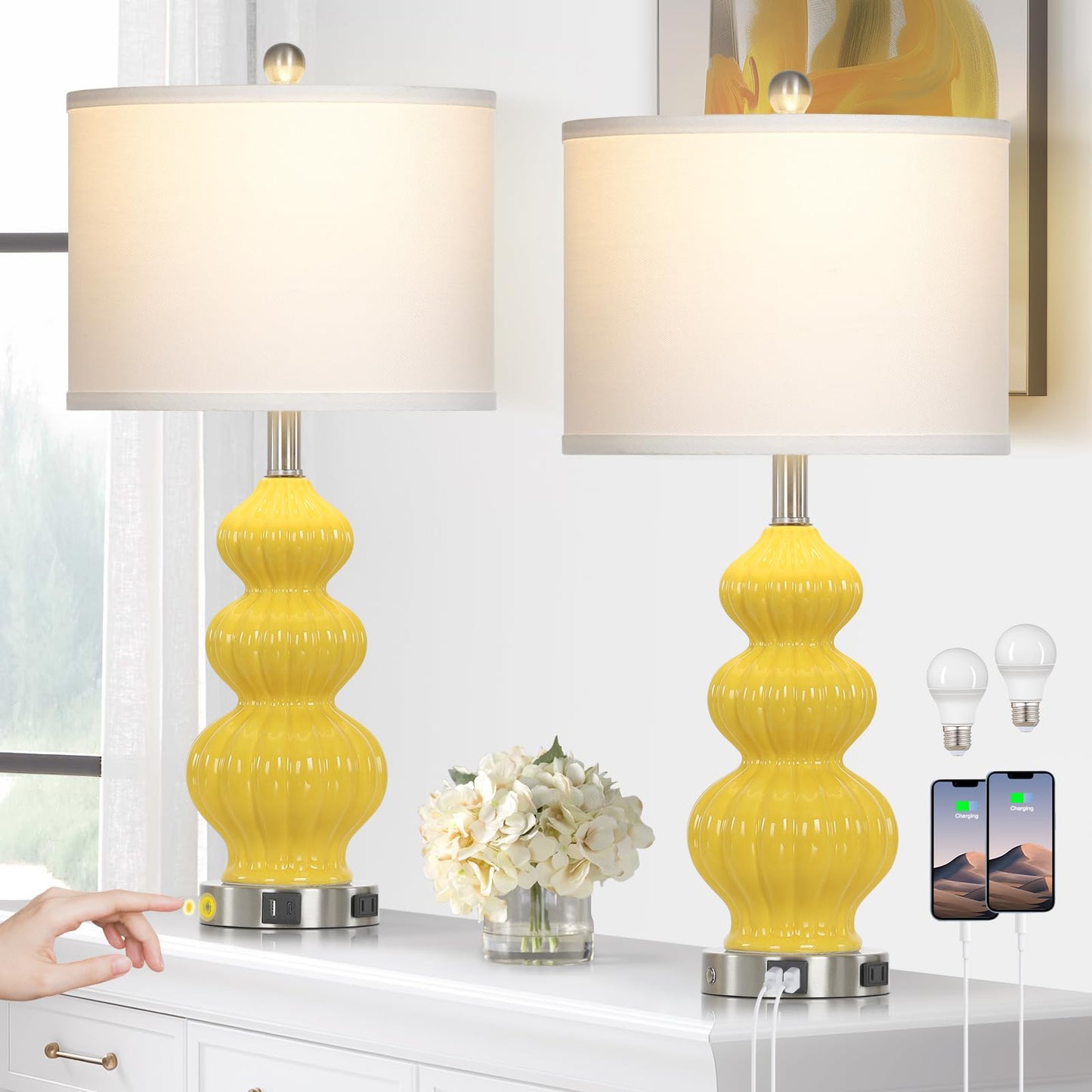 27" Glass Table Lamps Set of 2 with Nightlight, 3 Way Touch Control Modern Bedside Lamps with USB A+C Ports & AC Outlet, Boho Yellow Nightstand Lamps for Bedroom Living Room