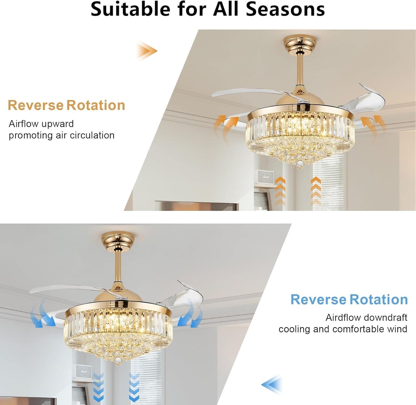 42'' Fandelier Ceiling Fans with Light, Chandelier Ceiling Fan, Retractable Crystal Ceiling Fan for Bedroom, Living Room, 3 Color Change, LED Dimmable, 6 Speeds, Reversible DC Motor-Champagne Gold