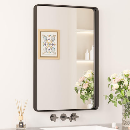 Keonjinn Black Mirror for Bathroom Sink, 24 x 30 Inch Sandblasted Finish Aluminum Wall Mirrors, Matte Black Rectangle Farmhouse Mirror with Shatterproof HD Tempered Glass, Anti-Rust Metal Frame