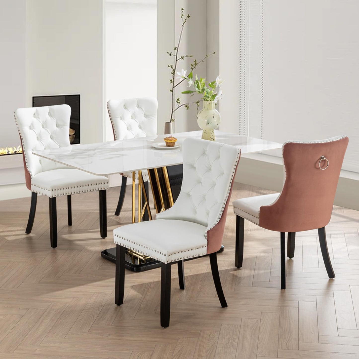 Lot de 8 chaises de salle à manger en cuir SoarFlash, chaise d'appoint à dossier haut, chaise d'appoint rembourrée moderne avec anneau de dossier à boutons, pieds en bois massif (noir et gris) 