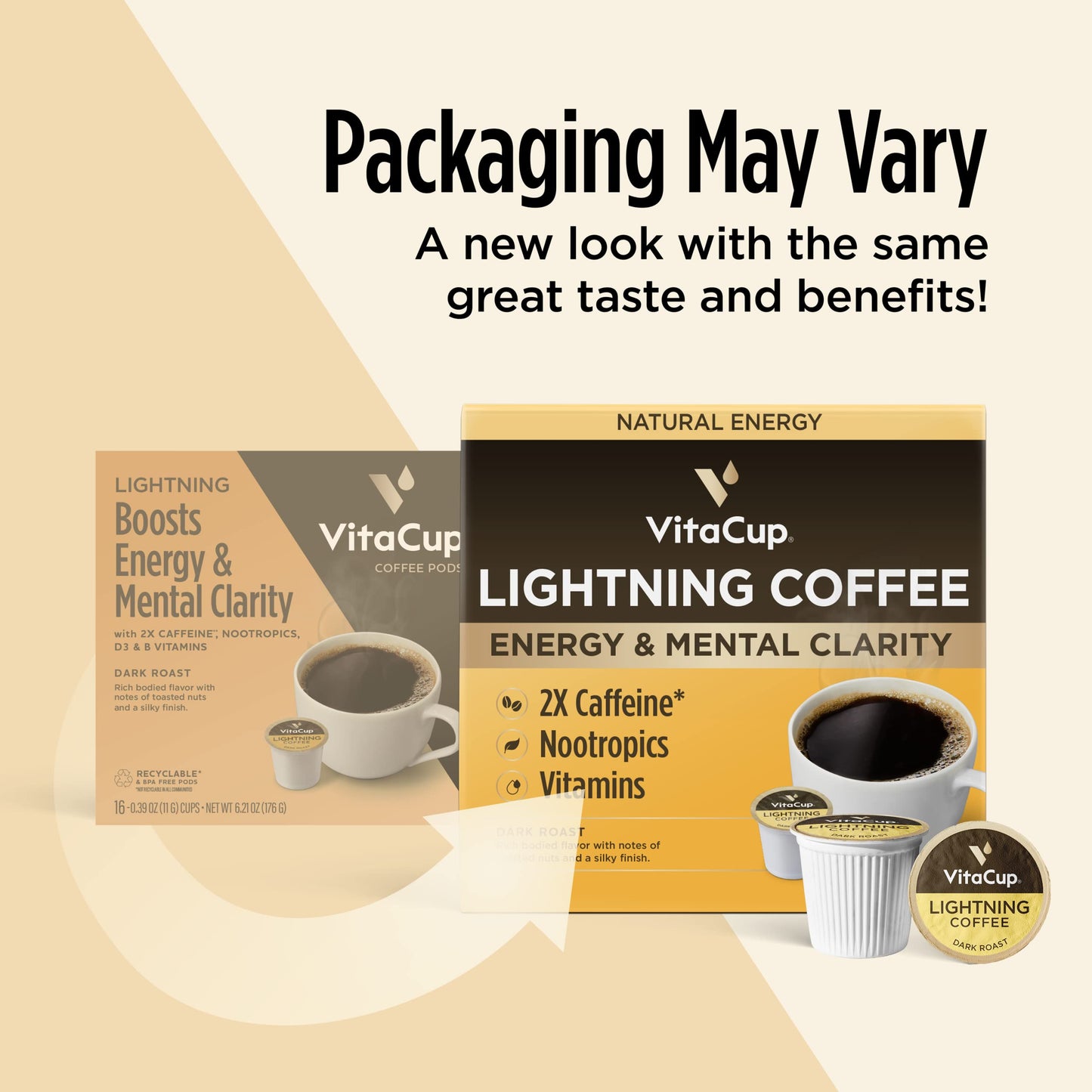 Capsules de café VitaCup Lightning, pour la mémoire et la concentration avec 2X de caféine, grains de café vert, vitamines B, D3, café torréfié foncé et fort, dosettes individuelles recyclables compatibles avec les cafetières Keurig K-Cup, 16 unités 