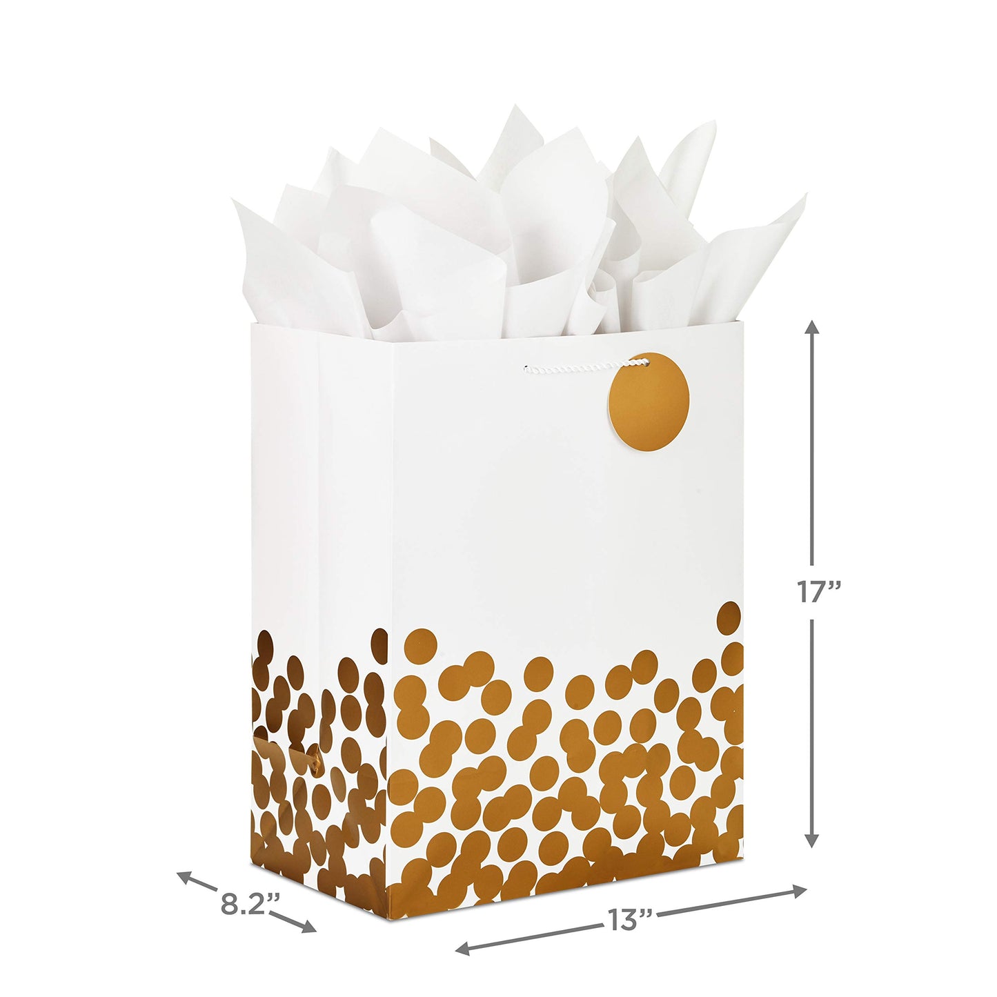 Hallmark 17" Extra Large Gift Bag with Tissue Paper (White with Gold Polka Dots) for Christmas, Hanukkah, Weddings, Engagements, Bridal Showers, Graduations, Retirements, Birthdays, Valentine's Day