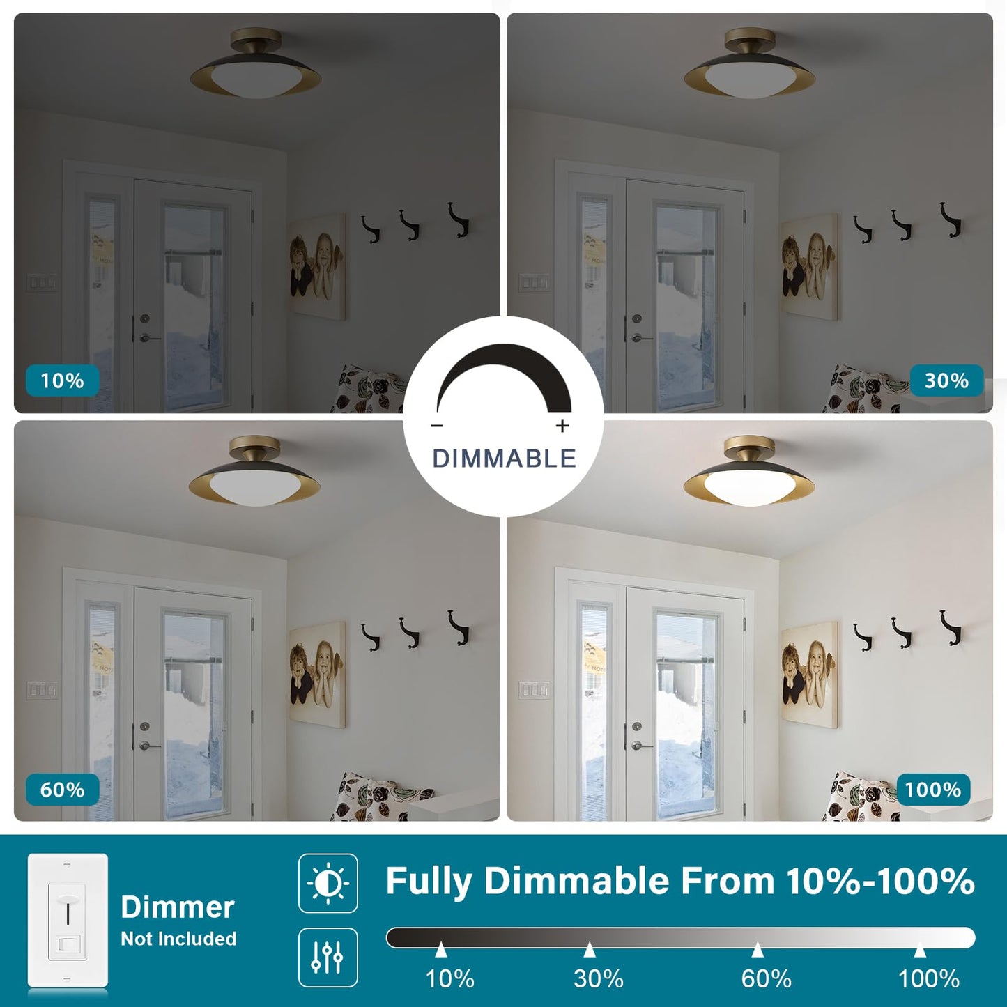 Dimmbare, moderne Deckenleuchte mit halbbündiger Montage im Mid-Century-Stil mit Acrylschirm, schwarz-goldene LED-Deckenleuchte, 5 CCT 2700 K-6000 K, Leuchte für Flur, Schlafzimmer, Küche, Waschküche, Wohnzimmer, 15,7 Zoll 