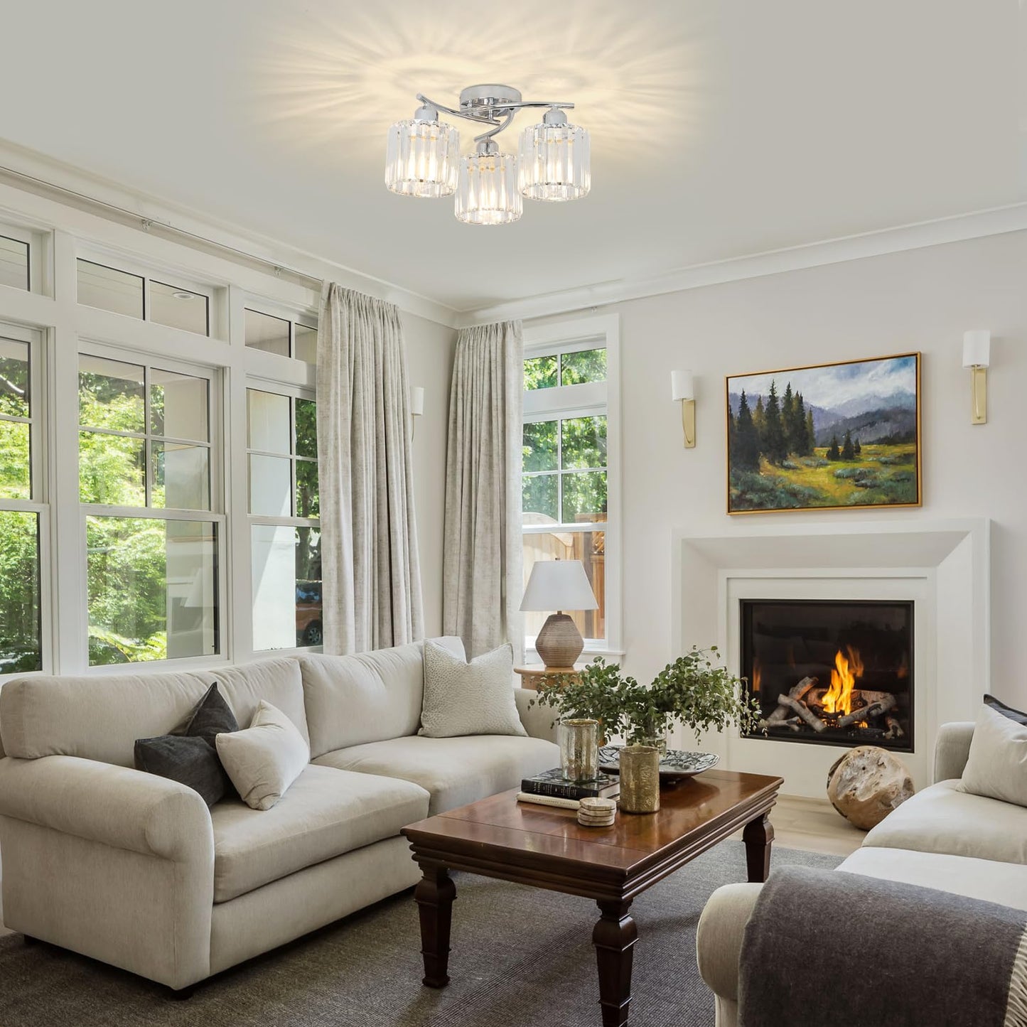 Crystal Semi Flush Ceiling Light – Modern Black Fixture, Clear Shade