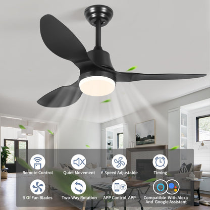 42” Smart Ceiling Fan with Light – WiFi, Alexa, Remote, LED, Black Blades