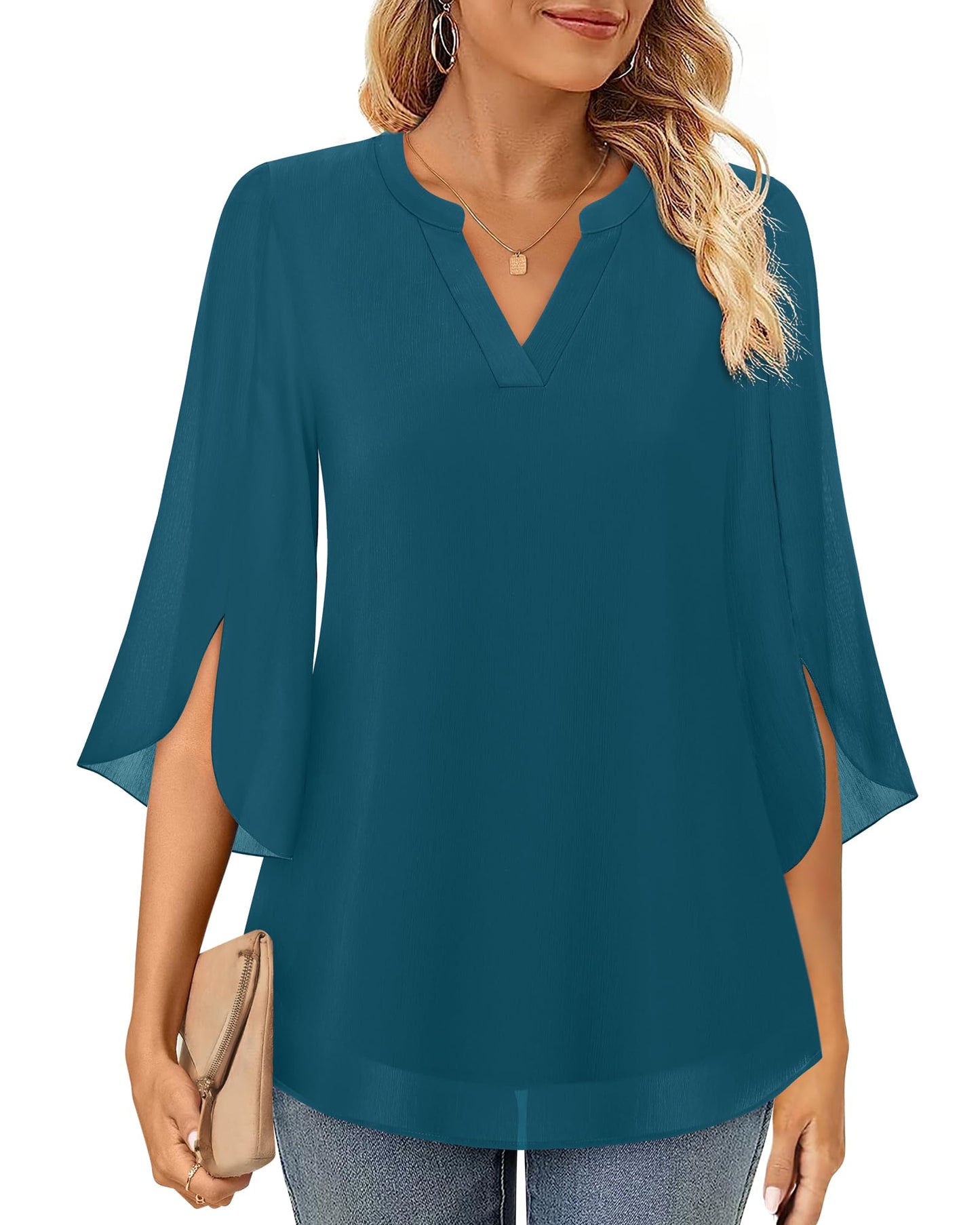 Timeson Damen Chiffonbluse mit 3/4-Ärmeln, V-Ausschnitt, elegante Tunika-Oberteile