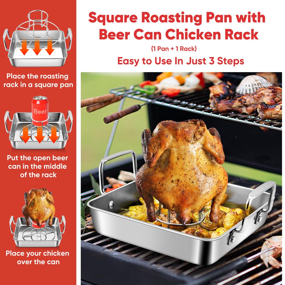 15.3 Inch Roasting Pan with Rack Set of 3(Deep Broiling Pan & V-shaped Rack & Flat Cooling Rack), Herogo Stainless Steel Turkey Roaster Pan for Thanksgiving Christmas, Dishwasher Safe