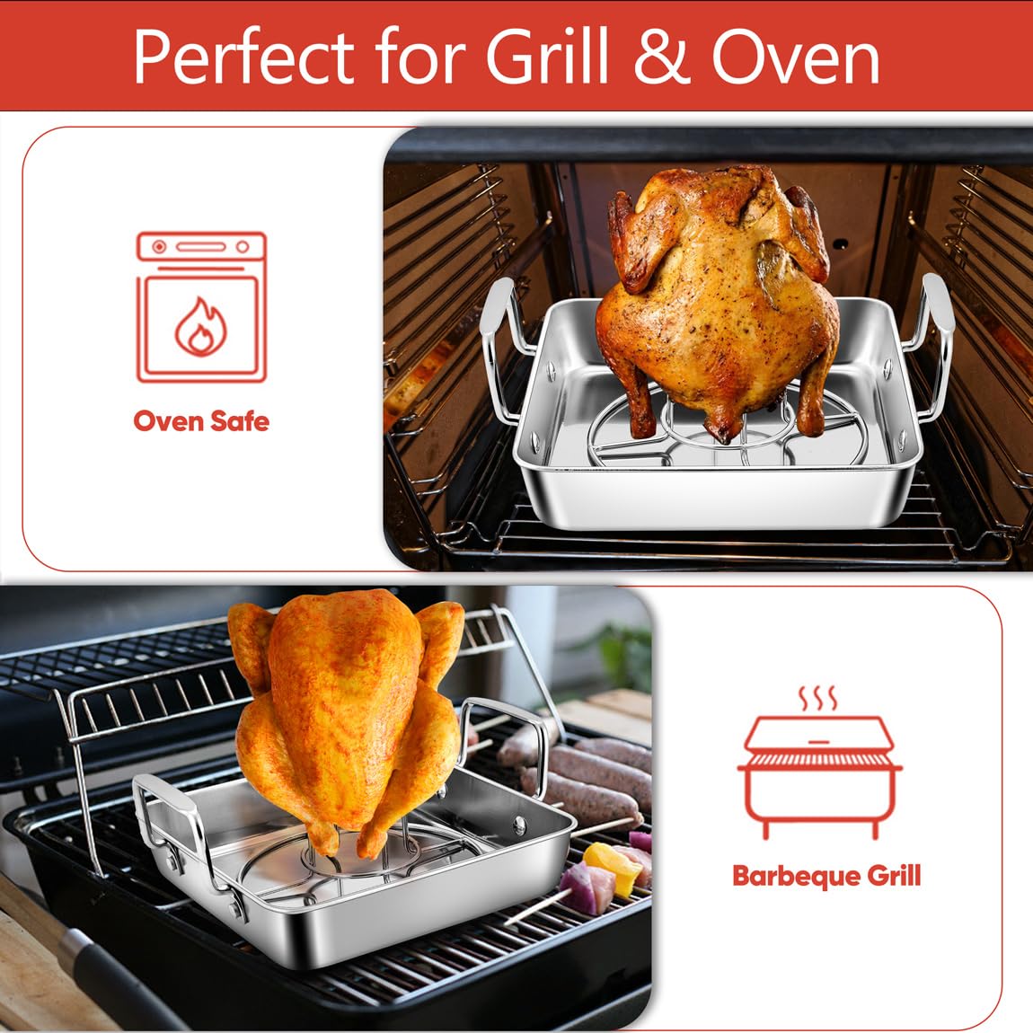 15.3 Inch Roasting Pan with Rack Set of 3(Deep Broiling Pan & V-shaped Rack & Flat Cooling Rack), Herogo Stainless Steel Turkey Roaster Pan for Thanksgiving Christmas, Dishwasher Safe