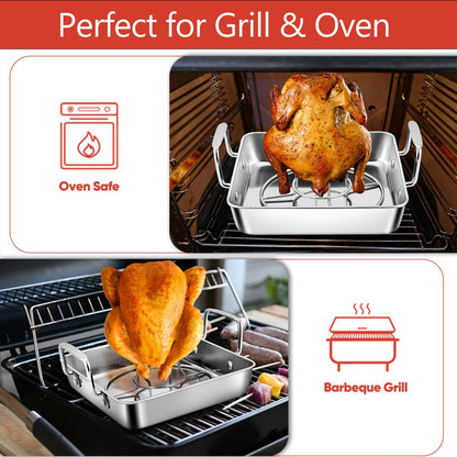 Herogo 15.3-Inch Stainless Steel Roasting Pan with Rack – 3-Piece Set Includes Deep Pan, V-Rack & Cooling