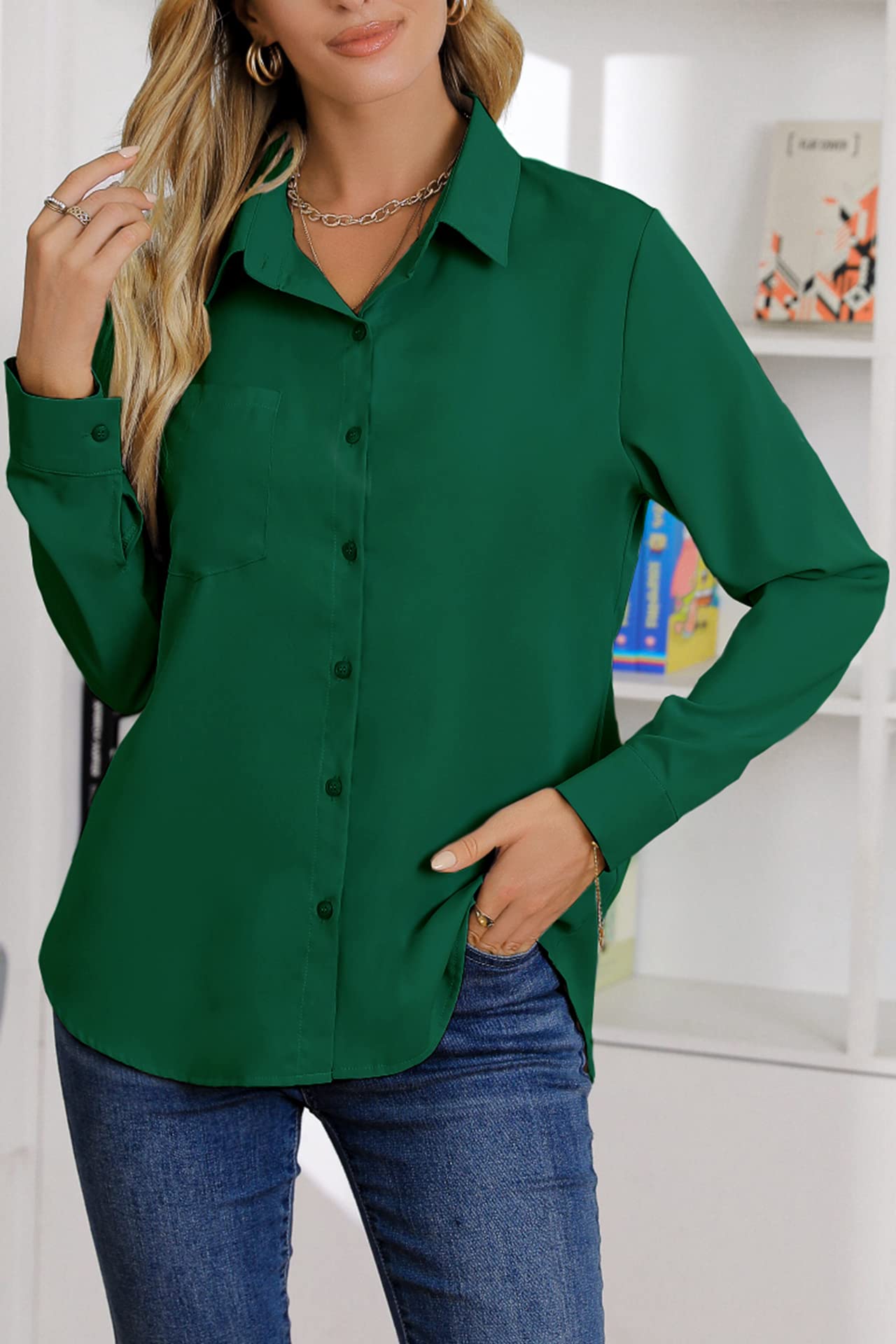 AISEW Damen Casual Button-Down-Hemden V-Ausschnitt Chiffon Lang-/Kurzarm Kragen Büro Arbeitsblusen Tops mit Tasche 