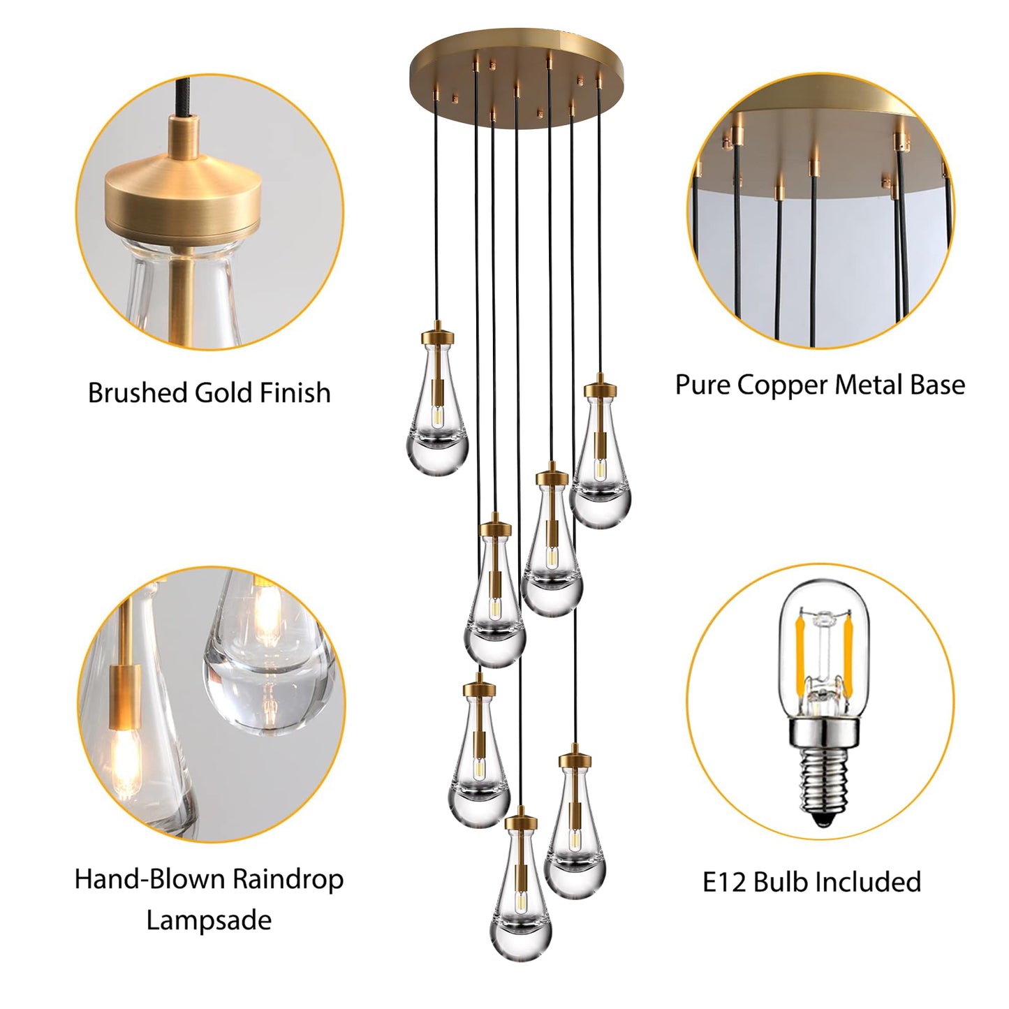 H100'' High Ceiling Chandelier for Entryway,Modern Raindrop Chandeliers for Living Room,Brass 7 Light Adjustable Rope Teardrop Pendant Lights Kitchen Island for Hallway/Staircase