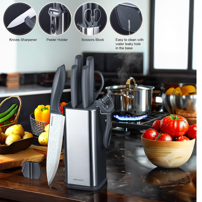 RAXCO Knife Set with Block,10-Piece Kitchen Knives Stainless Steel,Pro-Sharpened for Cooking,Slicing,Mincing,Dicing,Black