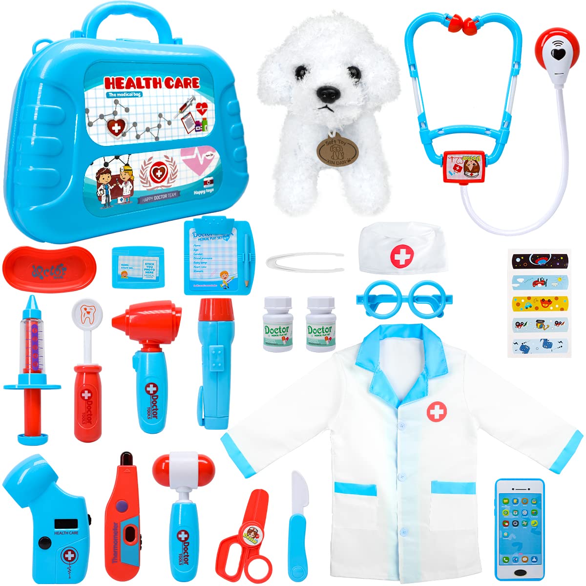 Meland Toy Doctor Kit for Girls - Pretend Play Doctor Set with Dog Toy, Carrying Bag, Stethoscope Toy & Dress Up Costume - Doctor Play Gift for Kids Toddlers Ages 3 4 5 6 Year Old for Role Play