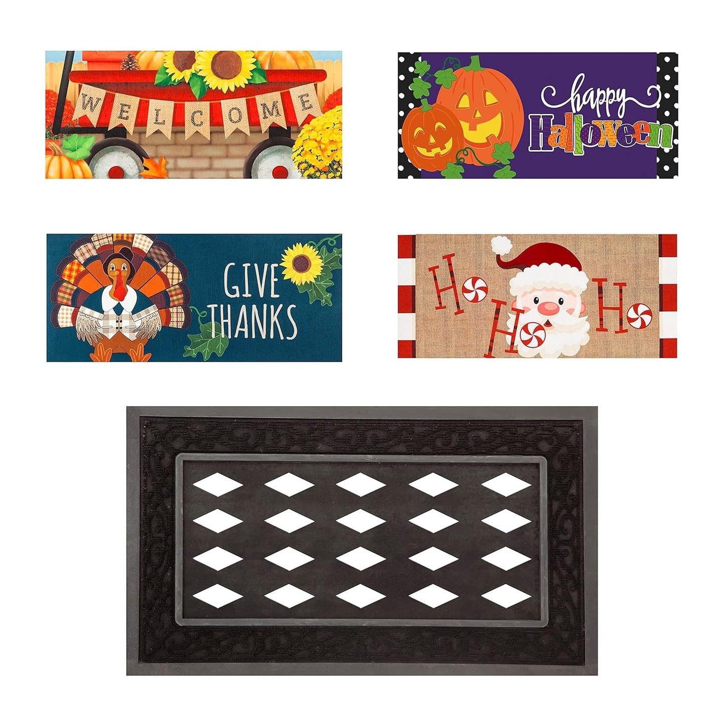 Evergreen Sassafras Bundle - Set of 5 Seasonal Interchangeable Entrance Doormats | Indoor and Outdoor |22-in x 10-in doormats and 28-in x 16-in Tray | Non-Slip Backing | Low Profile | Home Décor