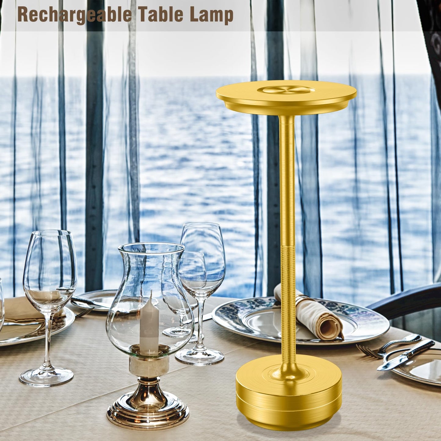 Lot de 2 lampes de table sans fil rechargeables, lampe de table USB tactile alimentée par batterie, lampe de table LED portable pour patio/table à manger/bar/table d'extérieur [or bruni] 