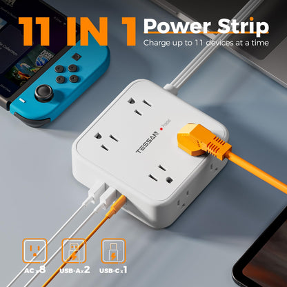 Surge Protector Flat Extension Cord Flat Plug Power Strip, 8 AC Outlets, 3 USB Charger(1 USB C Port) 3-Sided Outlet Extender, 5 Ft, 900 Joules Protection
