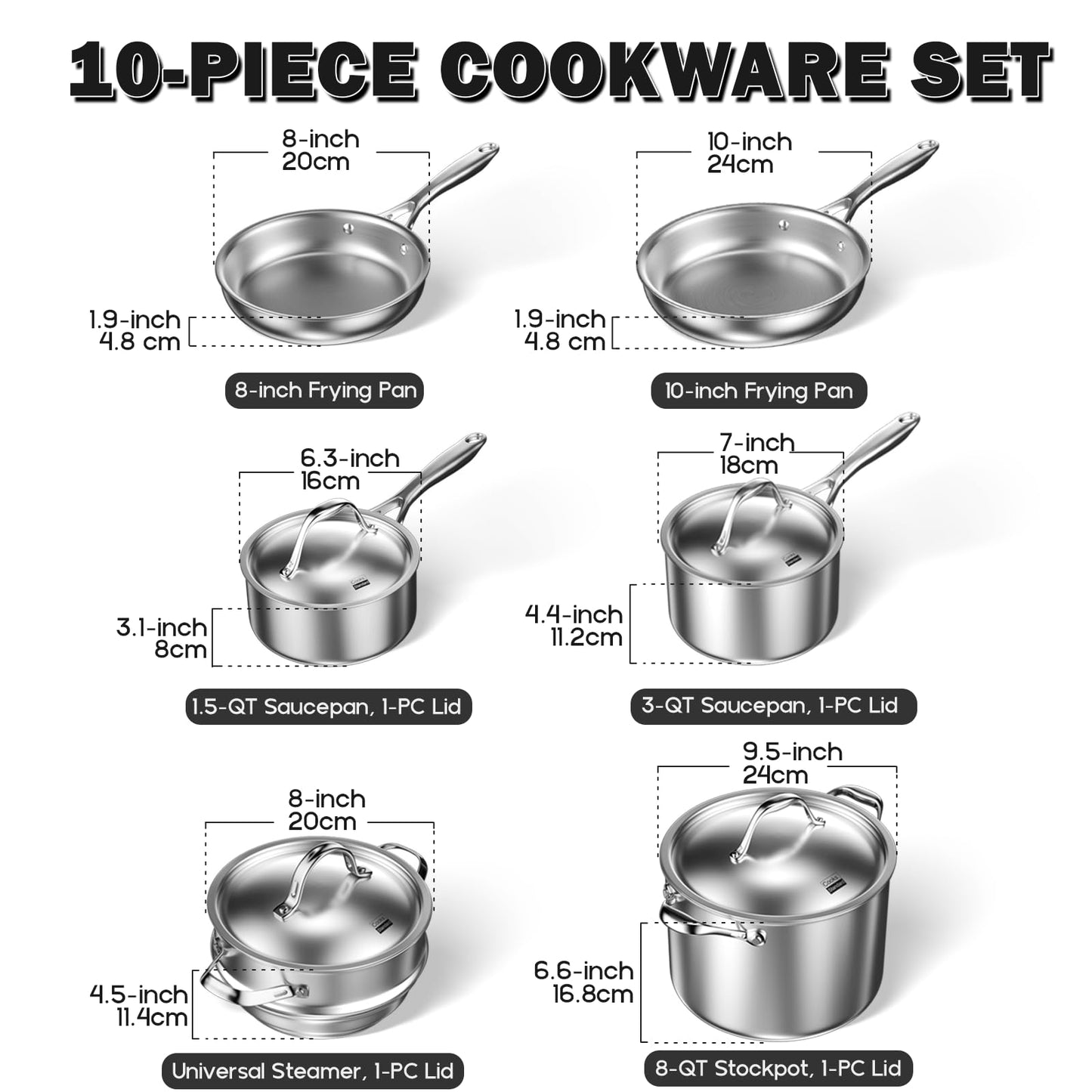 Batterie de cuisine standard en acier inoxydable Cooks, 10 pièces, ensemble de casseroles et poêles entièrement revêtues multicouches avec poignées anti-chaleur, lavable au lave-vaisselle, passe au four jusqu'à 500 °F, argent 