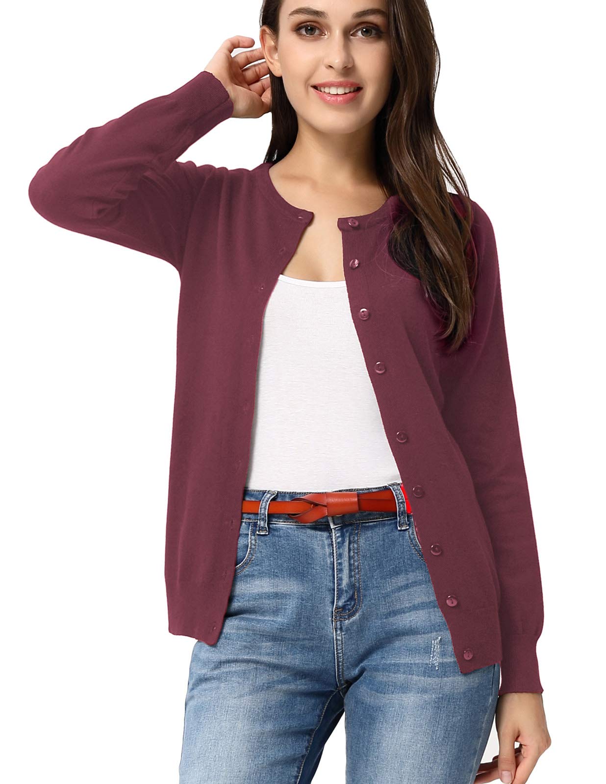 GRACE KARIN Cardigan en tricot à manches longues et col ras du cou pour femme