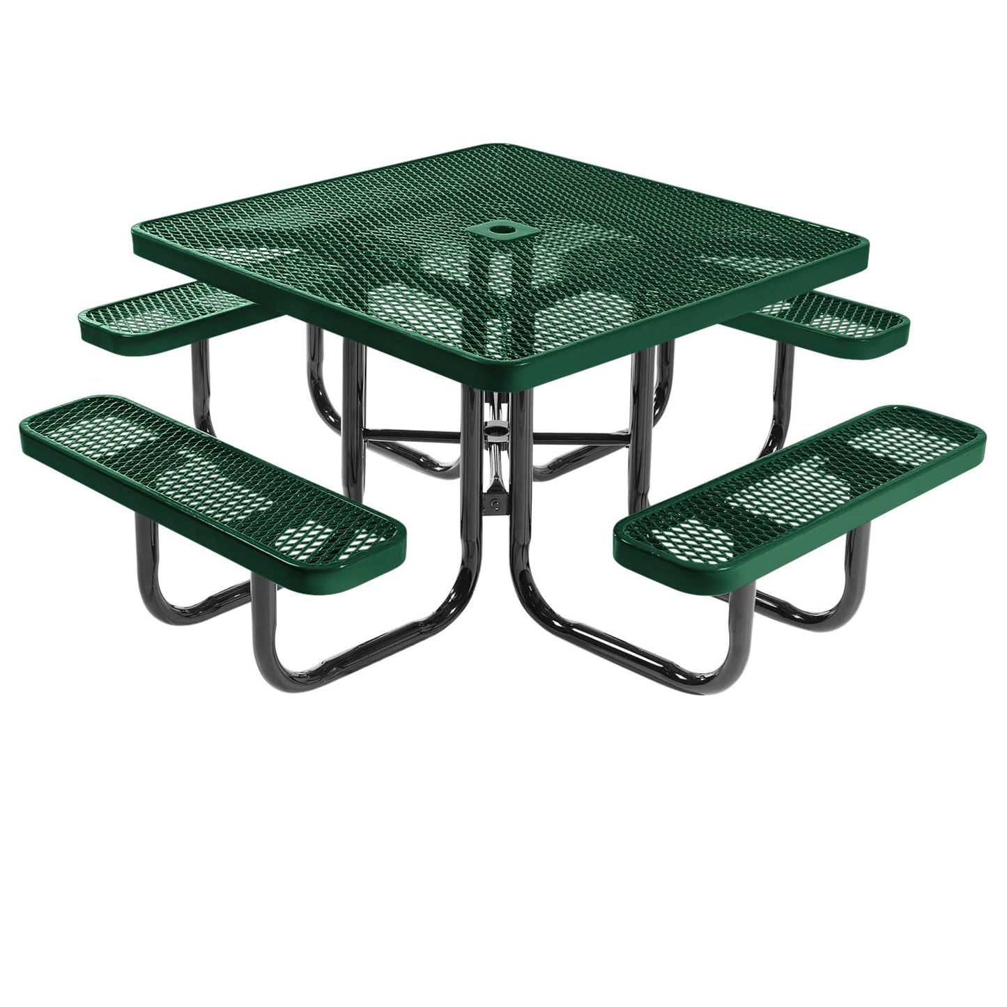 Coated Outdoor Furniture Heavy-Duty Portable Outdoor Picnic Table with Umbrella Hole, Expanded Metal Commercial-Grade Patio Dining Furniture Made in America (46" Square Top, Green)