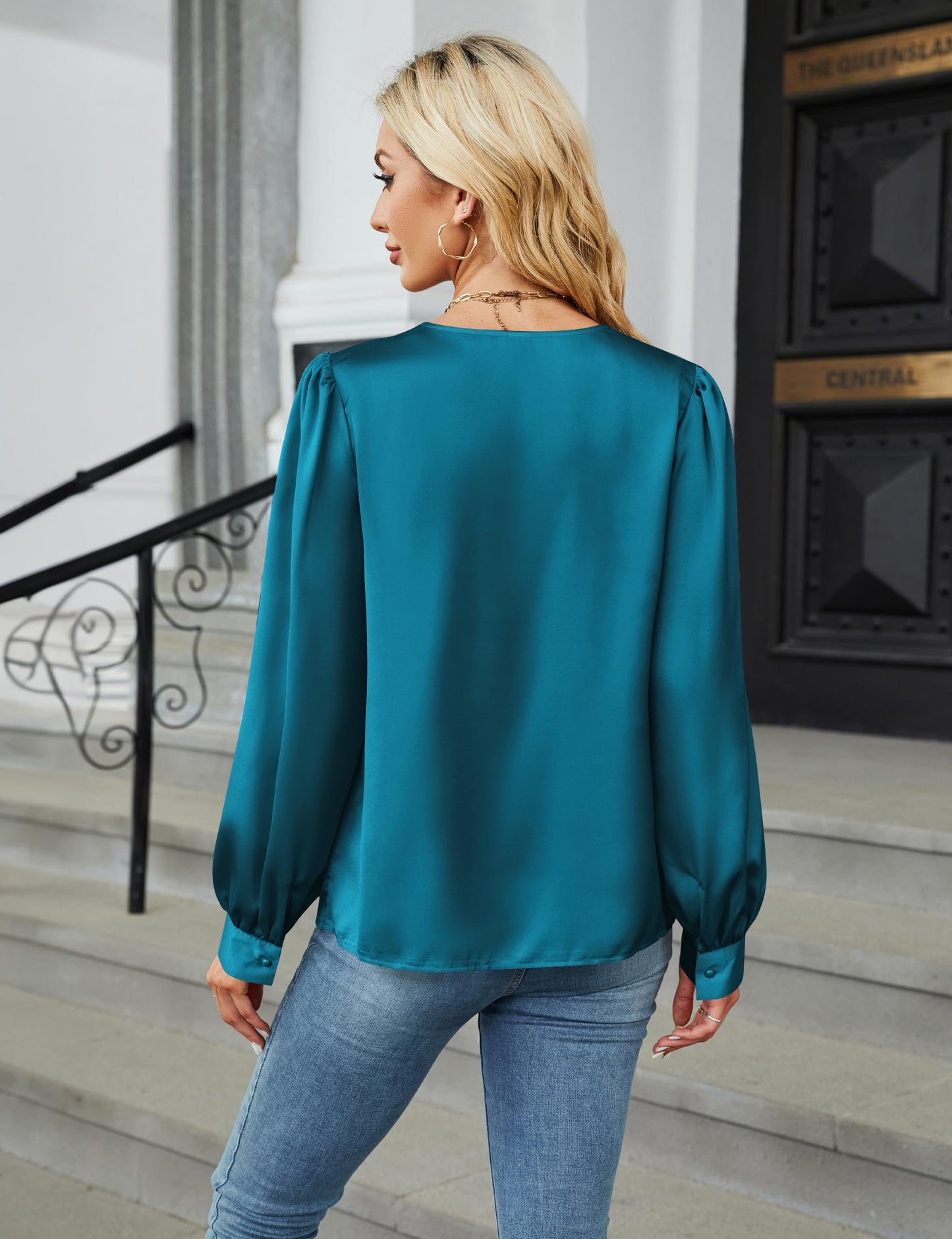 Blooming Jelly Damen Elegante Freizeitblusen Satin Langarmshirts Plissierte Business-Oberteile Trendy Herbst-Outfits