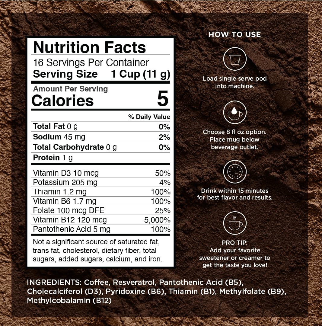 VitaCup Lightning Kaffeepads, für Gedächtnis und Konzentration mit 2x Koffein, grüne Kaffeebohnen, B-Vitamine, D3, starker dunkel gerösteter Kaffee, recycelbare Einzelportionspads, kompatibel mit Keurig K-Cup Kaffeemaschinen, 16 Stück 