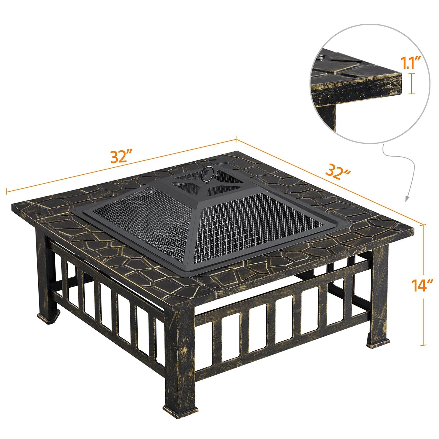 Yaheetech 32 Zoll große Feuerstelle für den Außenbereich, quadratischer Tisch, Gartenofen für Hinterhof, Terrasse, Holzfeuerstelle mit Funkenschutz, Schürhaken und Abdeckung 