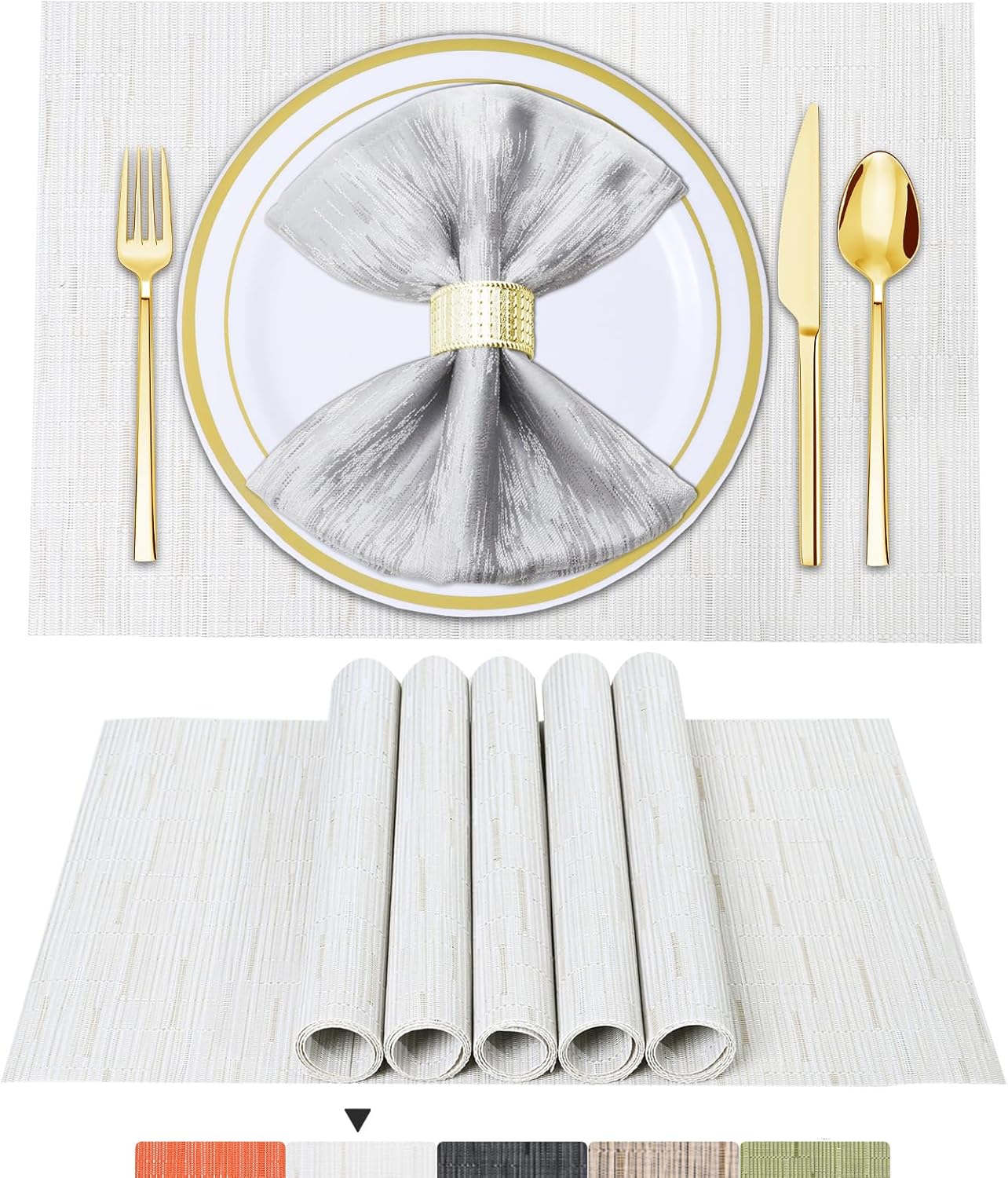 Lot de 6 sets de table en vinyle tissé pour table à manger, lavables et lavables, sets de table de cuisine durables pour intérieur et extérieur, 01 beige, 6 pièces 