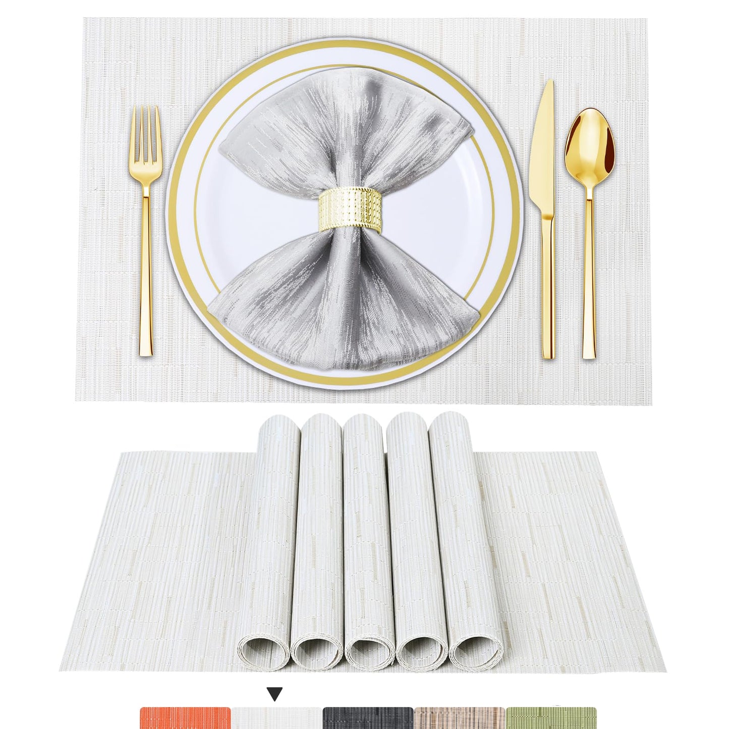 Lot de 6 sets de table en vinyle tissé pour table à manger, lavables et lavables, sets de table de cuisine durables pour intérieur et extérieur, 01 beige, 6 pièces 